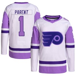 Adidas Philadelphia Flyers Bernie Parent Hockey Fights Cancer Primegreen Jersey - White/Purple Authentic
