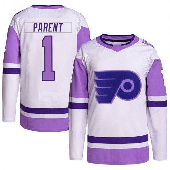 Youth Adidas Philadelphia Flyers Bernie Parent Hockey Fights Cancer Primegreen Jersey - White/Purple Authentic