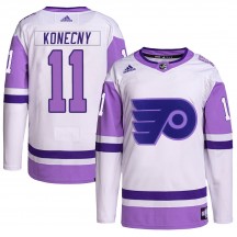 Adidas Philadelphia Flyers Travis Konecny Hockey Fights Cancer Primegreen Jersey - White/Purple Authentic