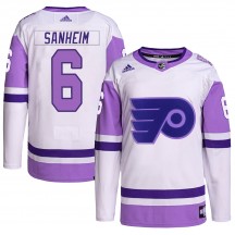 Adidas Philadelphia Flyers Travis Sanheim Hockey Fights Cancer Primegreen Jersey - White/Purple Authentic