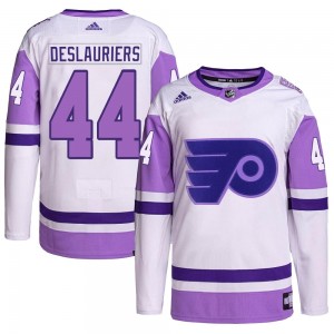 Adidas Philadelphia Flyers Nicolas Deslauriers Hockey Fights Cancer Primegreen Jersey - White/Purple Authentic