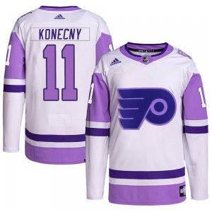 Adidas Philadelphia Flyers Travis Konecny Hockey Fights Cancer Primegreen Jersey - White/Purple Authentic