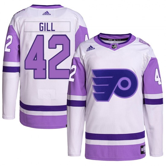 Adidas Philadelphia Flyers Spencer Gill Hockey Fights Cancer Primegreen Jersey - White/Purple Authentic