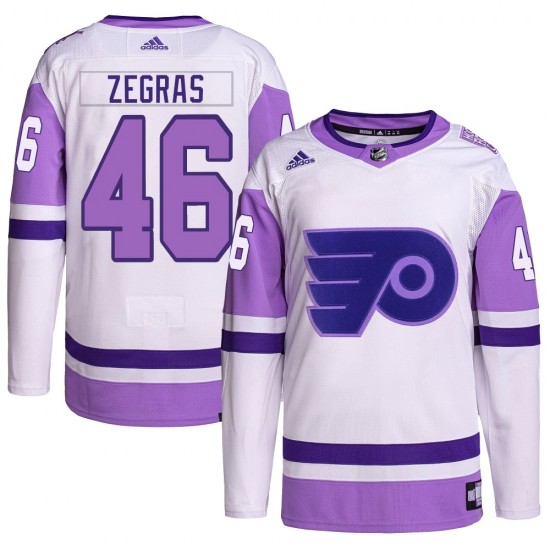 Adidas Philadelphia Flyers Trevor Zegras Hockey Fights Cancer Primegreen Jersey - White/Purple Authentic