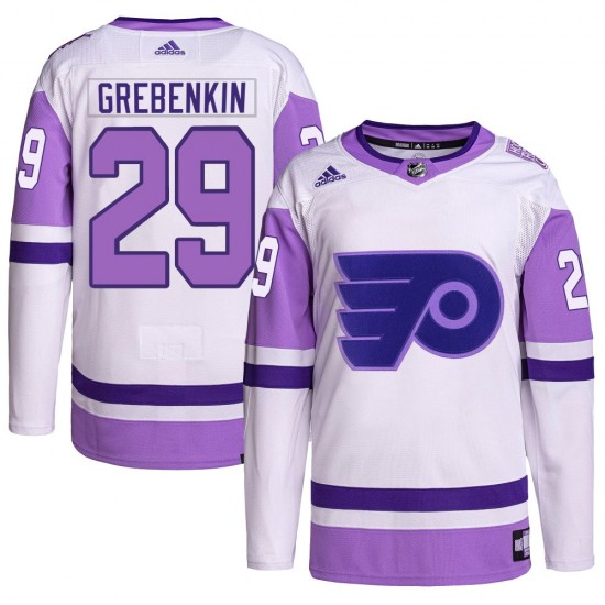 Youth Adidas Philadelphia Flyers Nikita Grebenkin Hockey Fights Cancer Primegreen Jersey - White/Purple Authentic