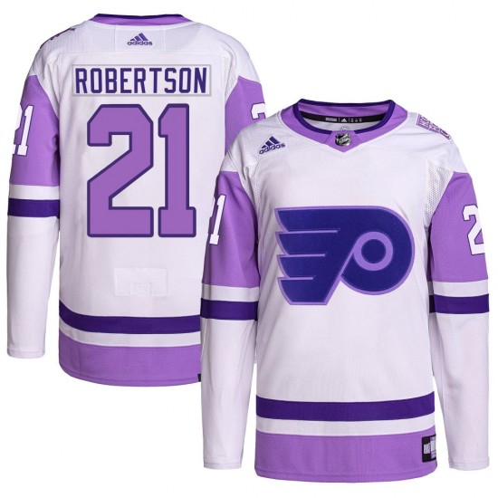 Youth Adidas Philadelphia Flyers Tucker Robertson Hockey Fights Cancer Primegreen Jersey - White/Purple Authentic