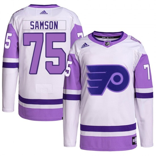 Youth Adidas Philadelphia Flyers Ethan Samson Hockey Fights Cancer Primegreen Jersey - White/Purple Authentic